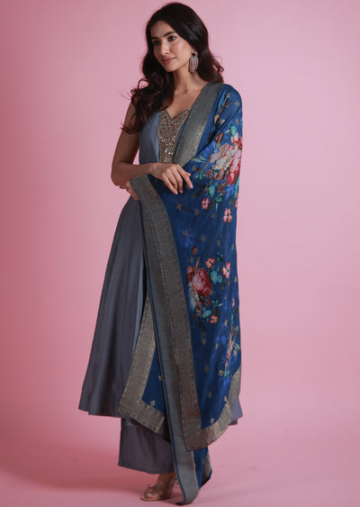 Grey Soft Silk Anarkali