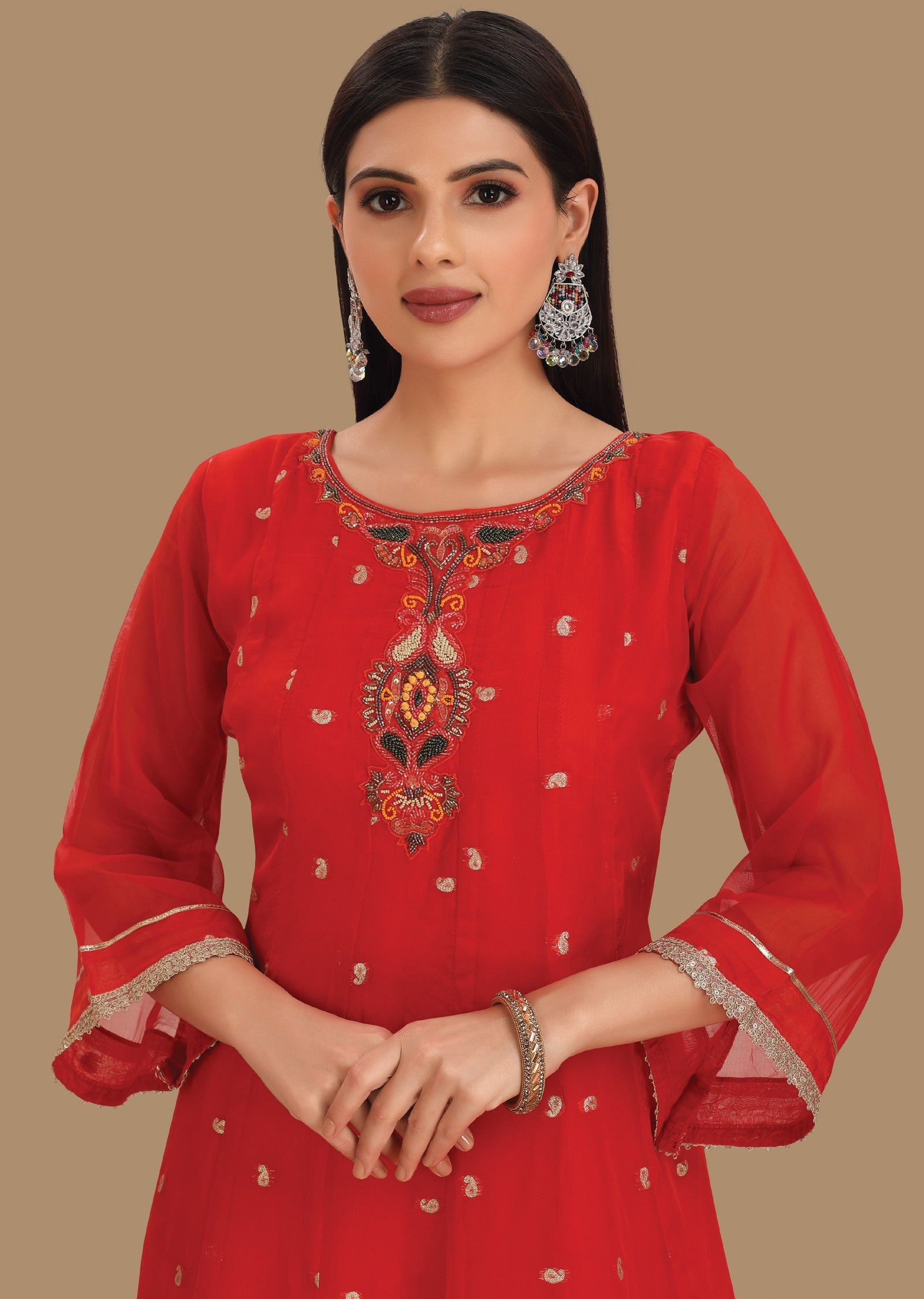 Red Banaras Organza Anarkali