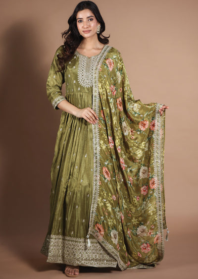 Olive Green Tissue Silk Anarkali