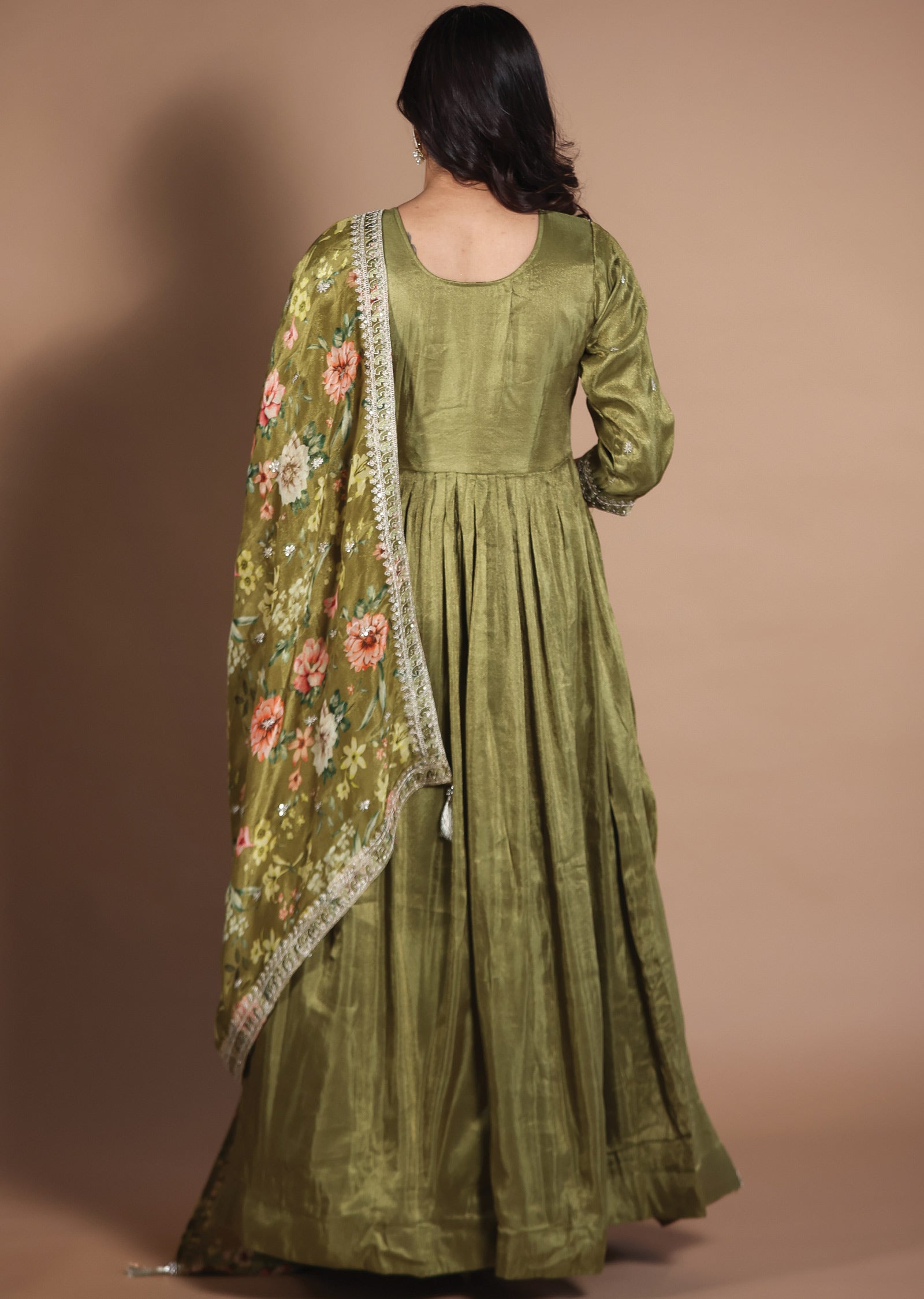 Olive Green Tissue Silk Anarkali