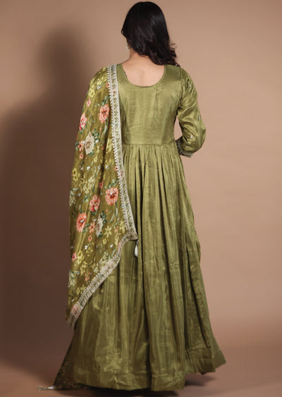 Olive Green Tissue Silk Anarkali