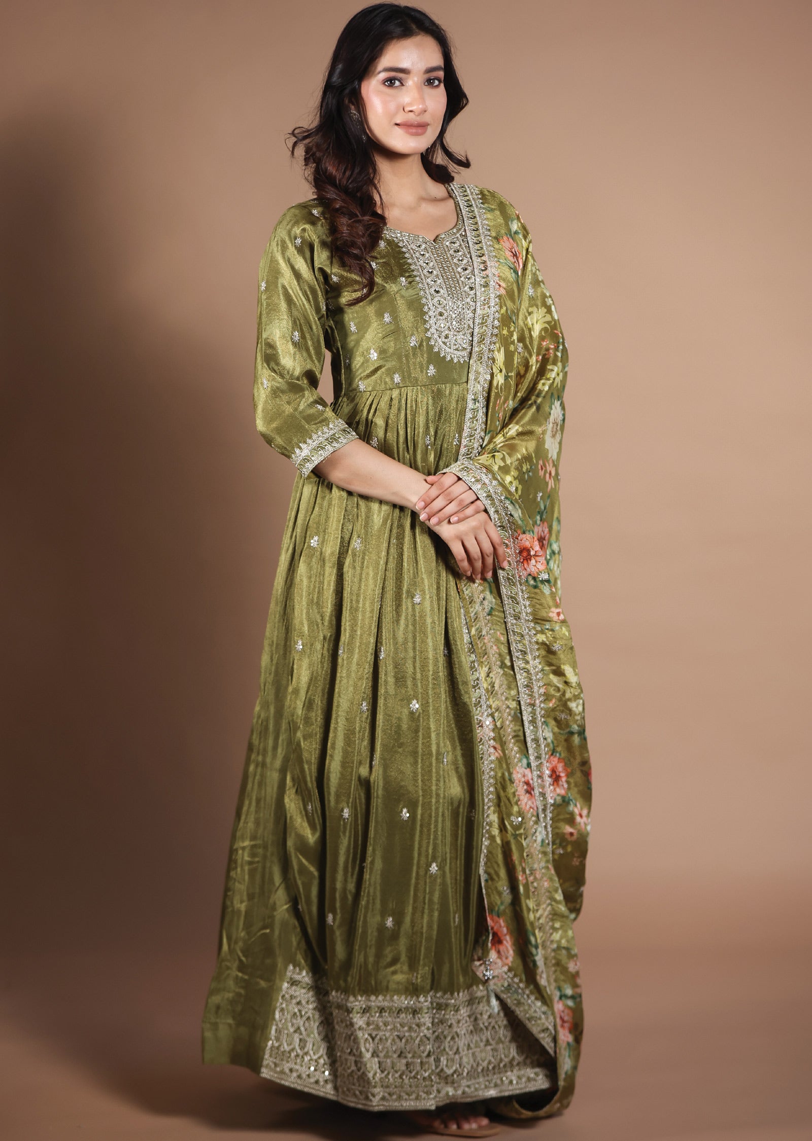 Olive Green Tissue Silk Anarkali