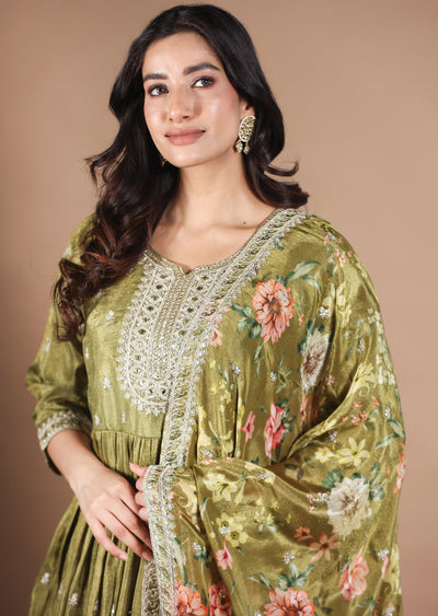 Olive Green Tissue Silk Anarkali