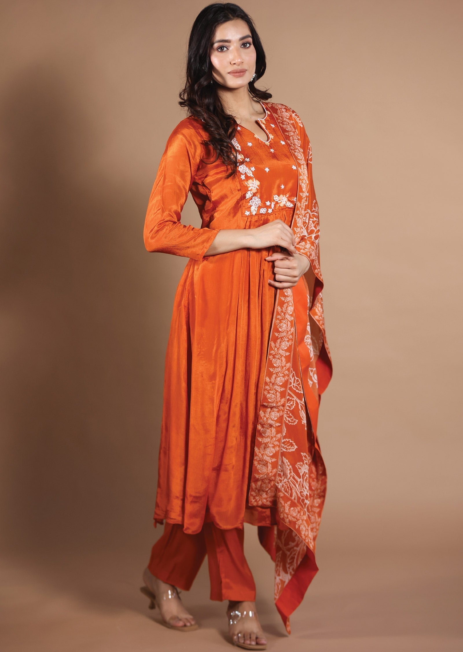 Dark Orange Chinnon Anarkali