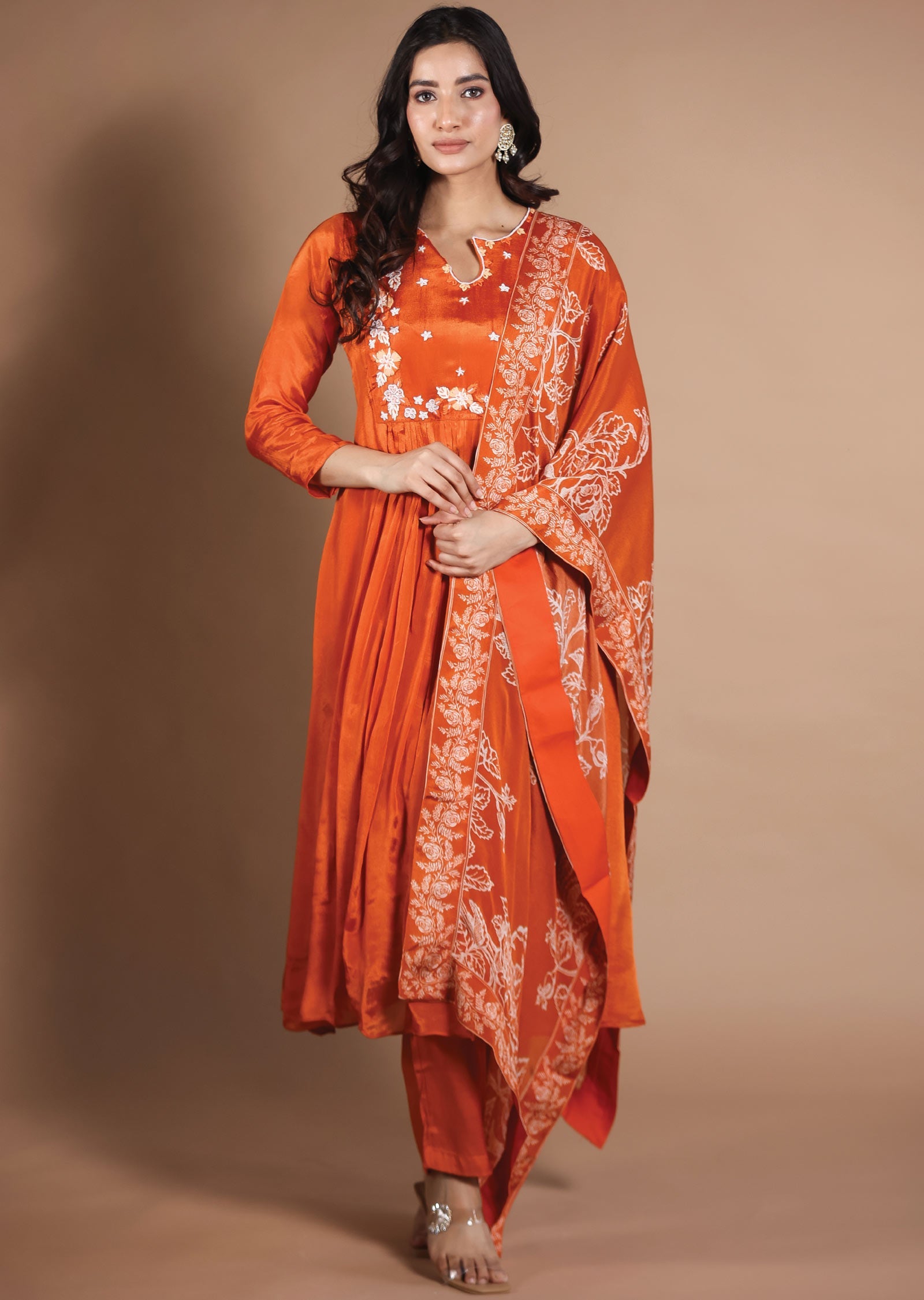 Dark Orange Chinnon Anarkali