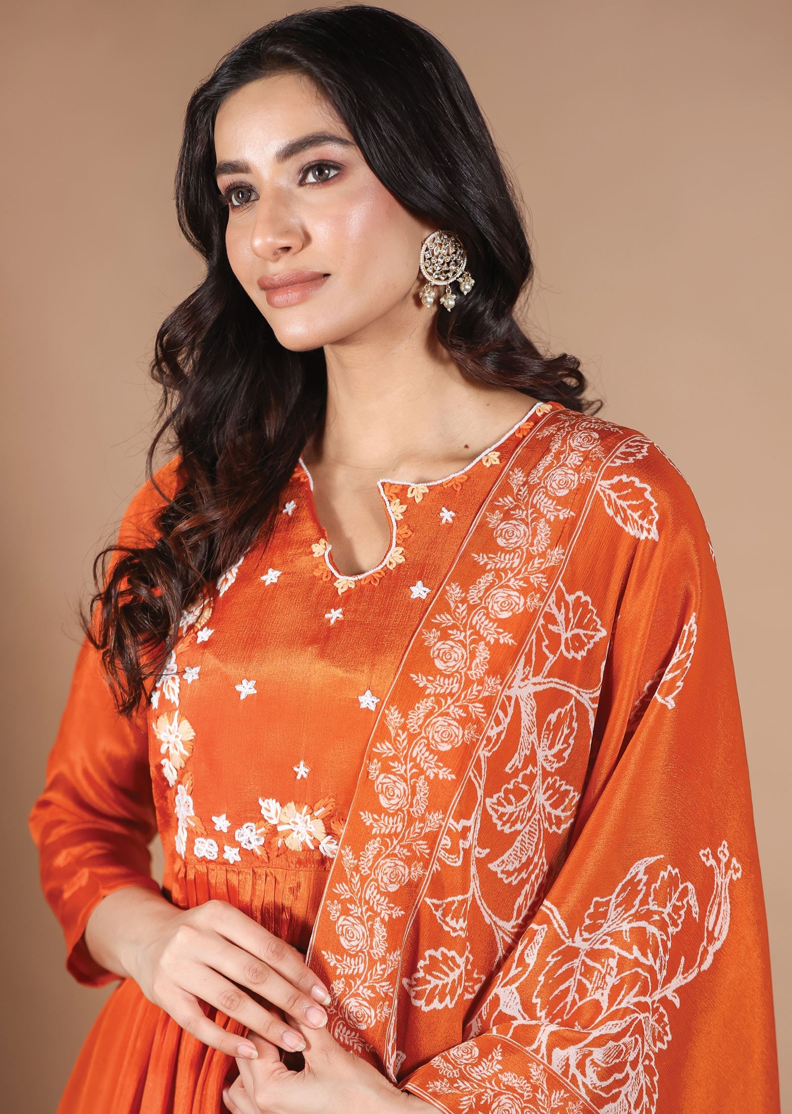 Dark Orange Chinnon Anarkali