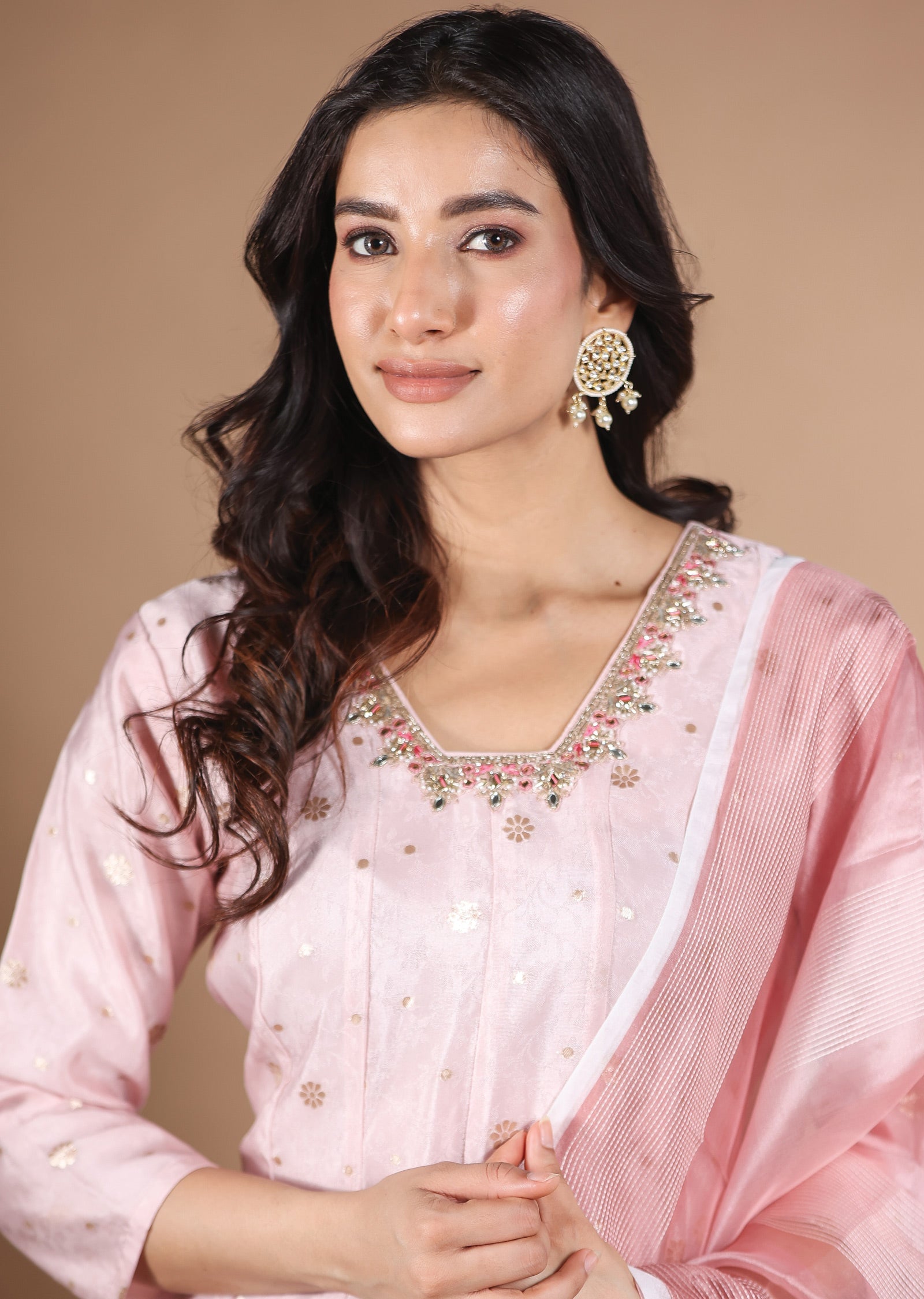 Baby Pink Banaras Silk Anarkali