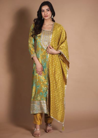 Mustard & Green Tissue Silk Anarkali