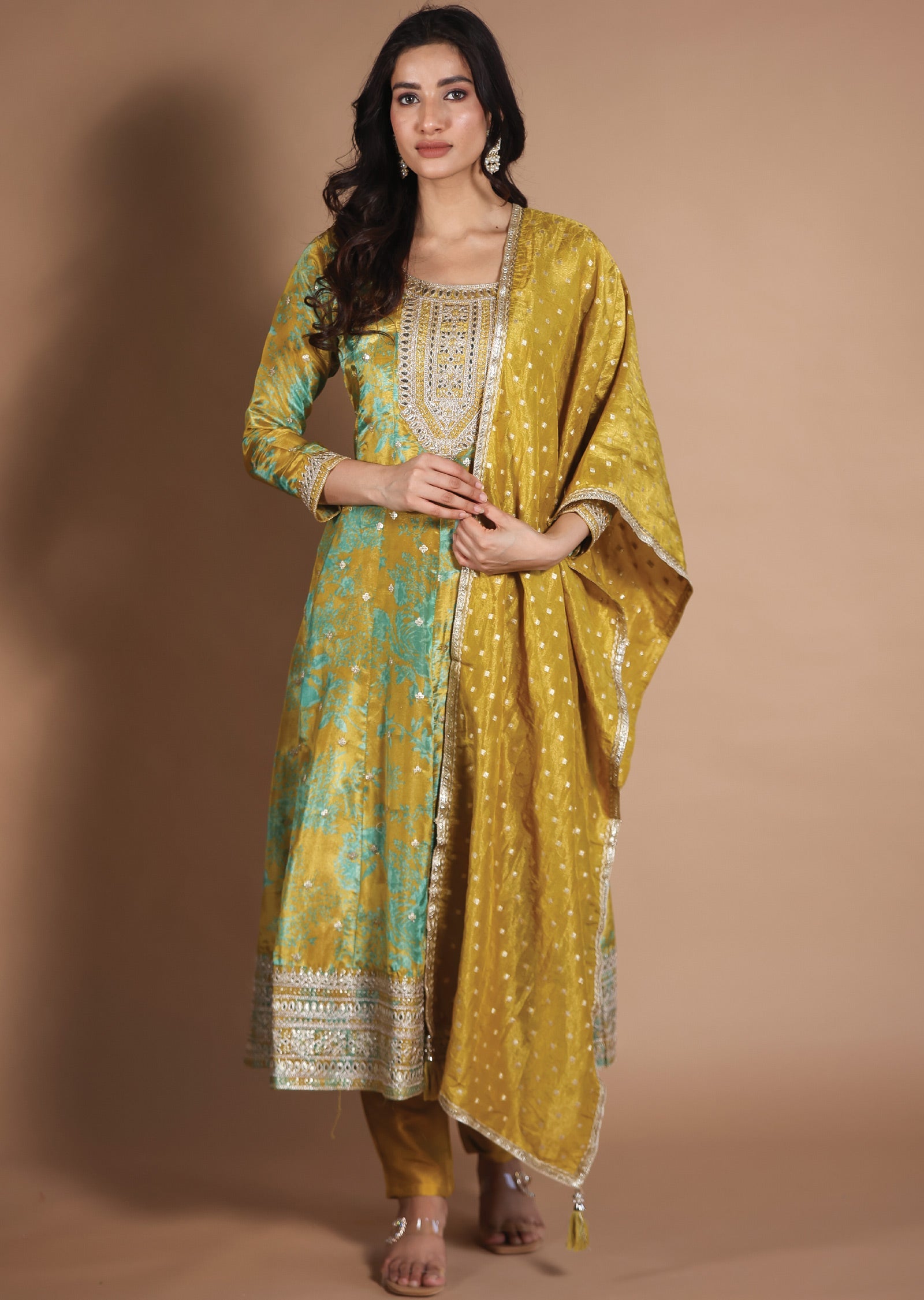 Mustard & Green Tissue Silk Anarkali