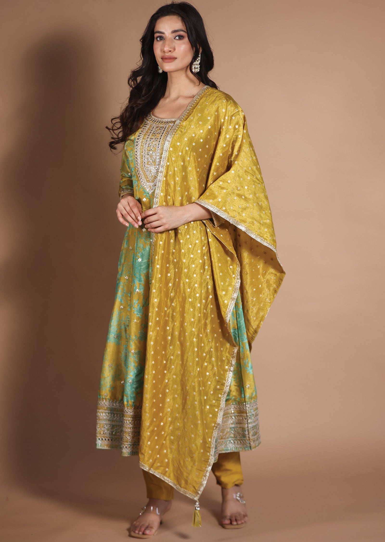 Mustard & Green Tissue Silk Anarkali