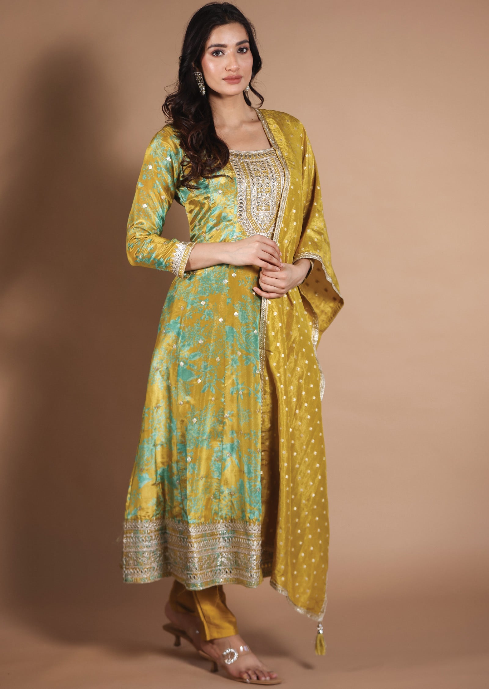 Mustard & Green Tissue Silk Anarkali