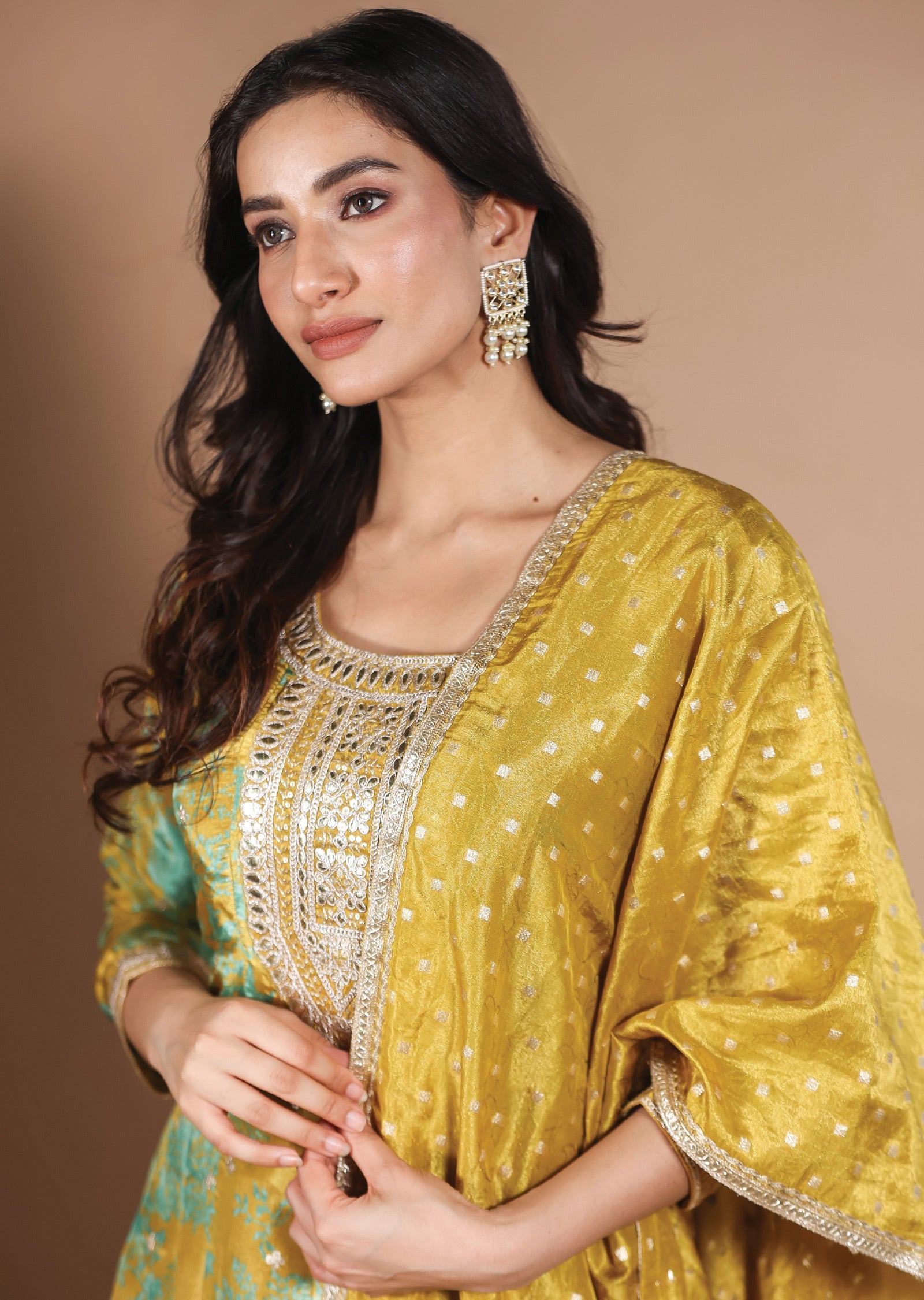 Mustard & Green Tissue Silk Anarkali