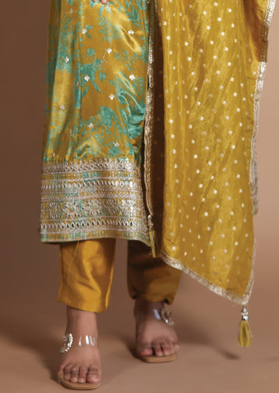 Mustard & Green Tissue Silk Anarkali