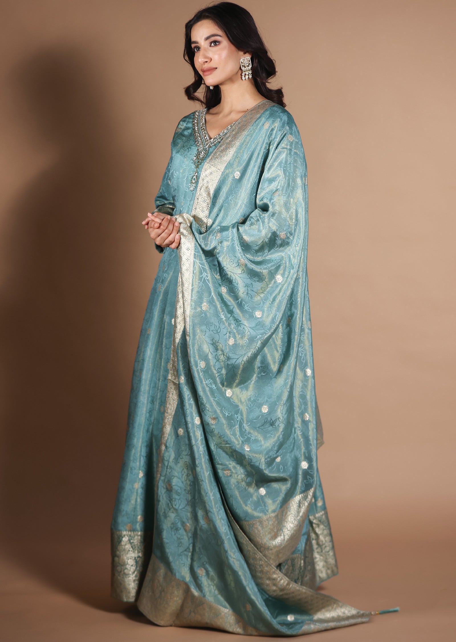 Sea Green Banarasi Silk Anarkali