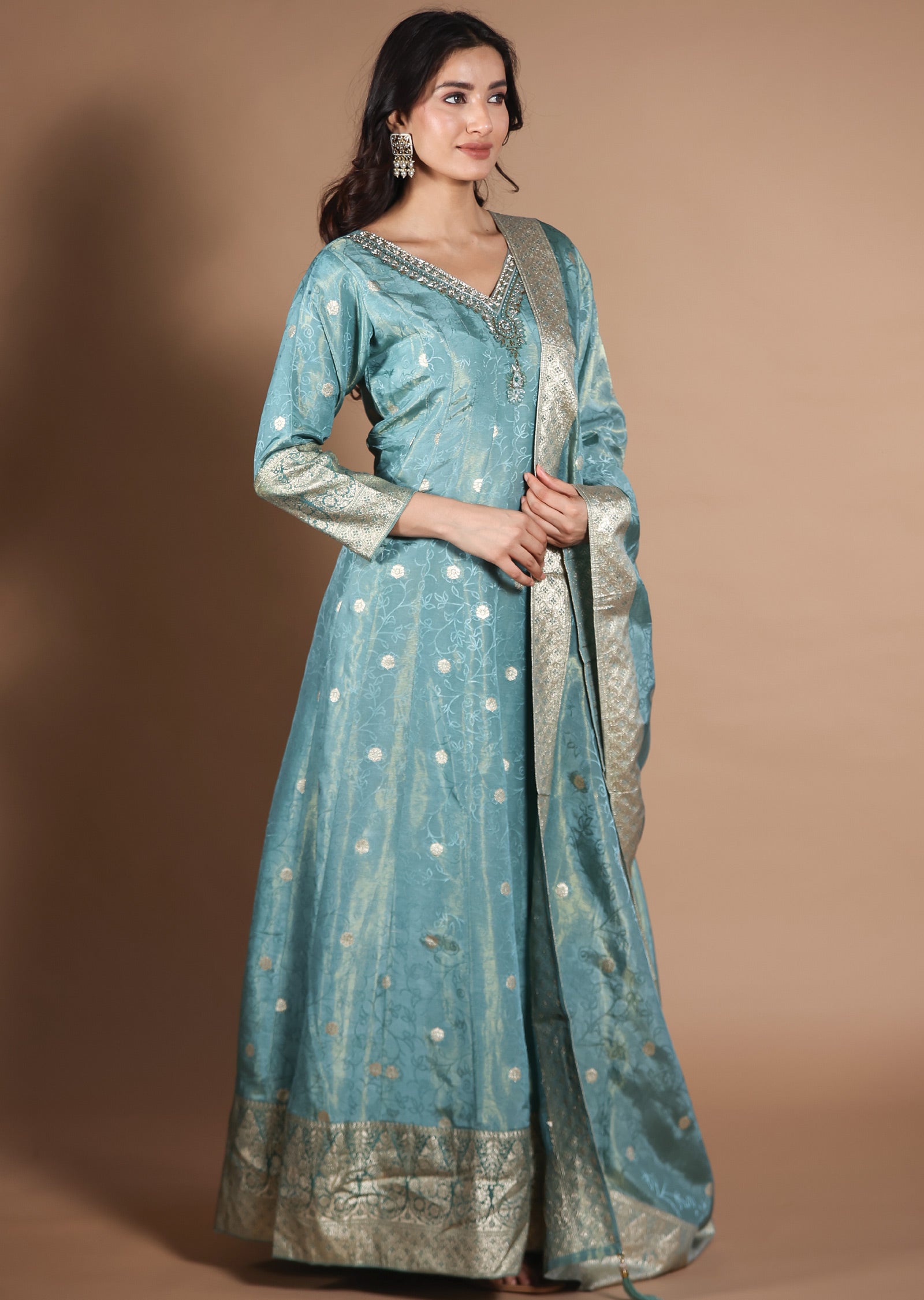 Sea Green Banarasi Silk Anarkali