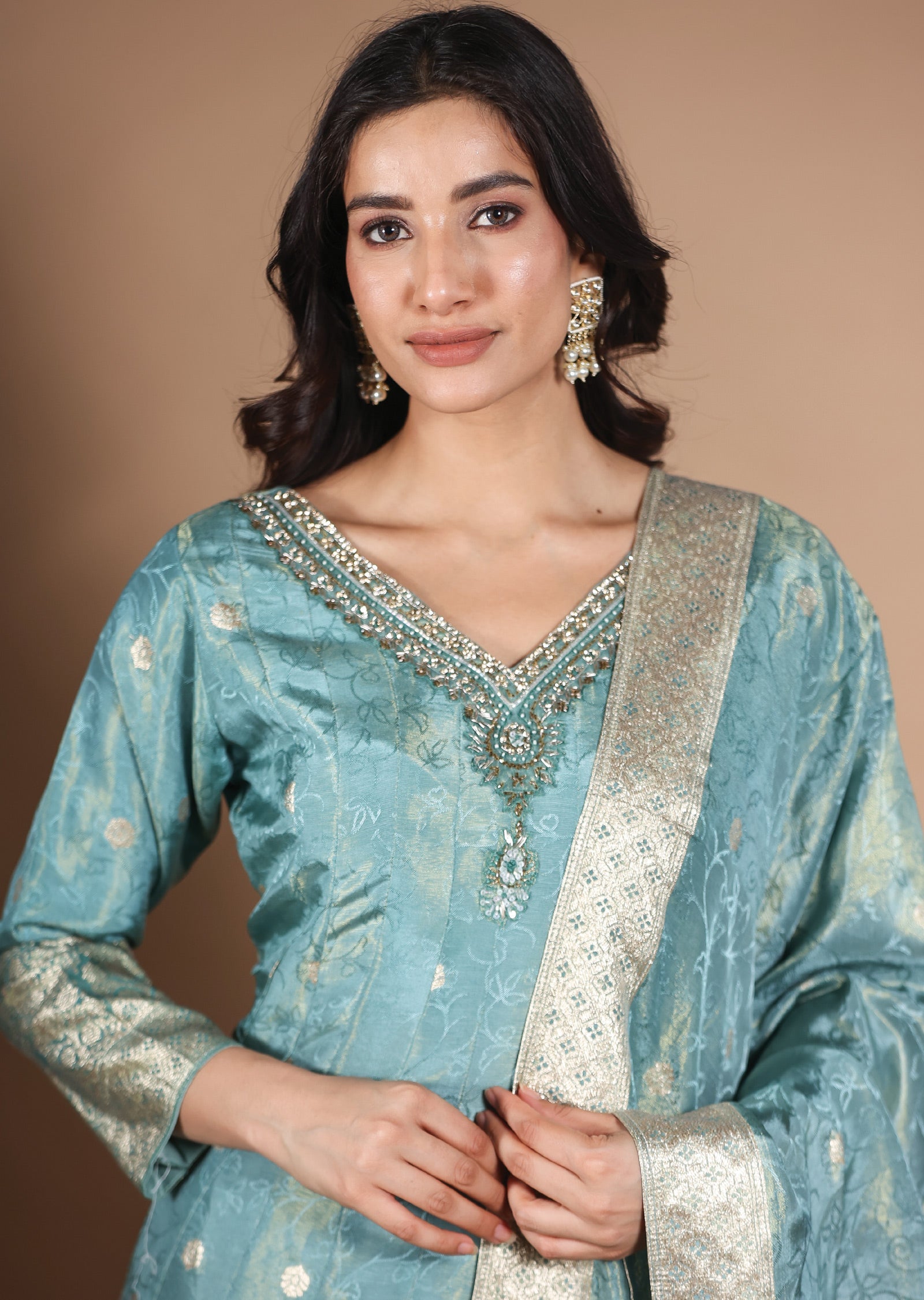 Sea Green Banarasi Silk Anarkali