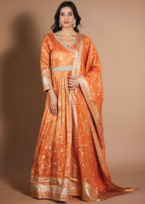 Rust Banarasi Tissue Silk Anarkali