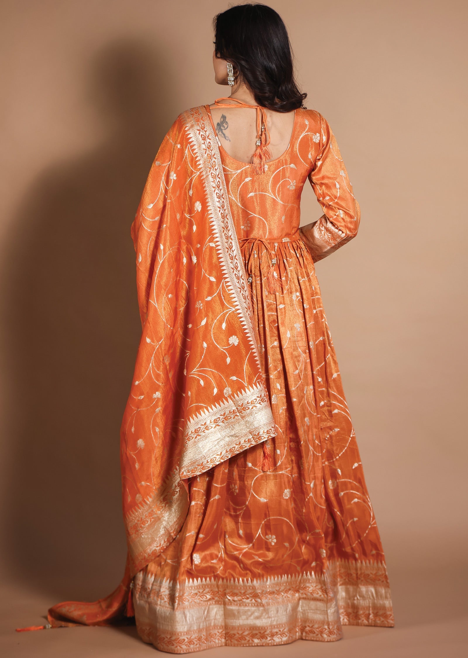 Rust Banarasi Tissue Silk Anarkali