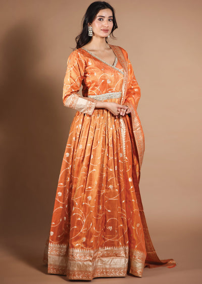 Rust Banarasi Tissue Silk Anarkali