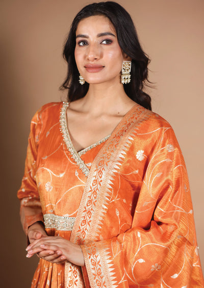 Rust Banarasi Tissue Silk Anarkali