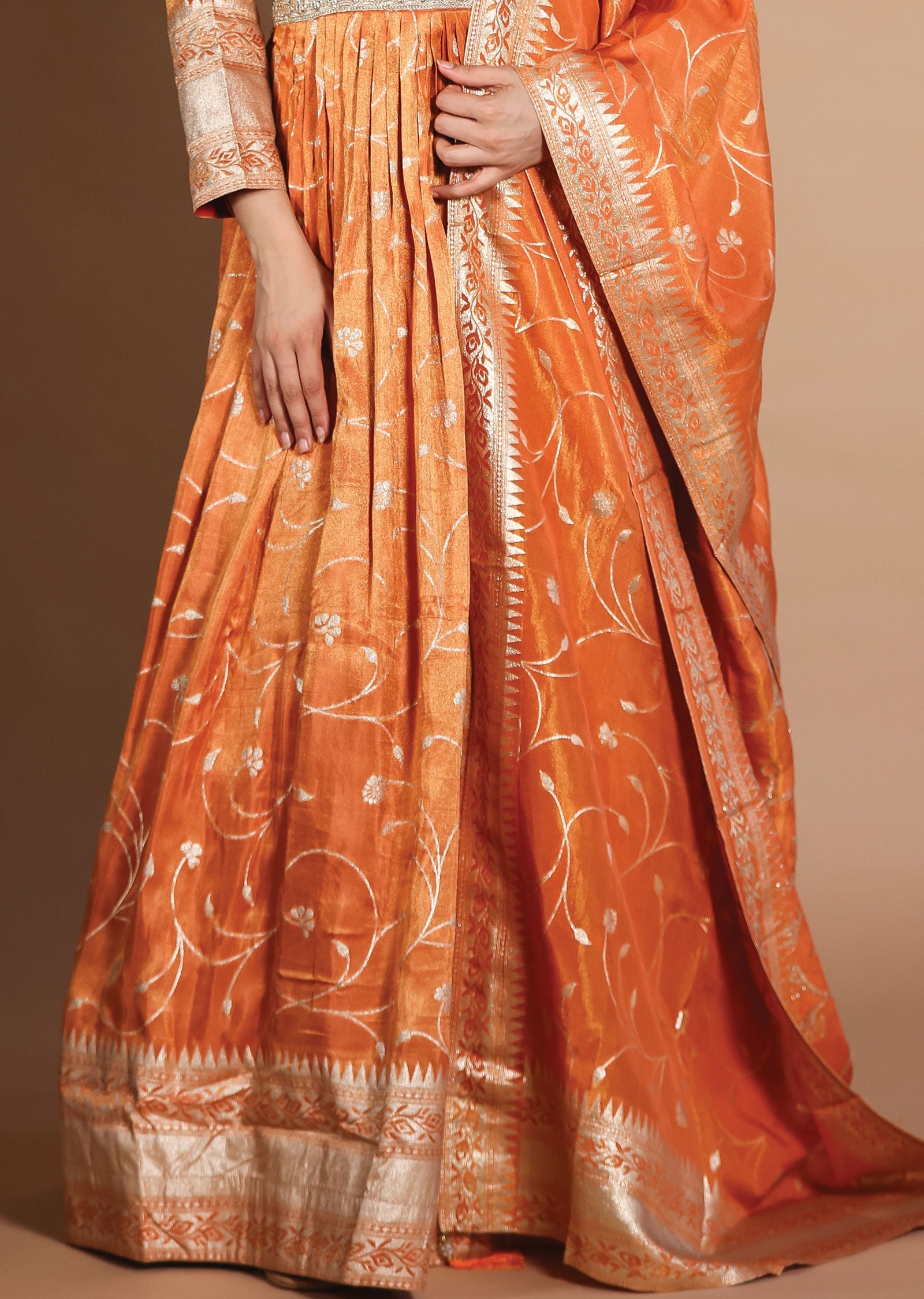 Rust Banarasi Tissue Silk Anarkali