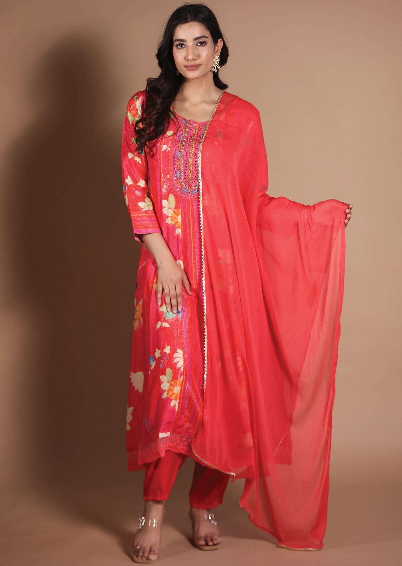 Coral Tissue Muslin Anarkali