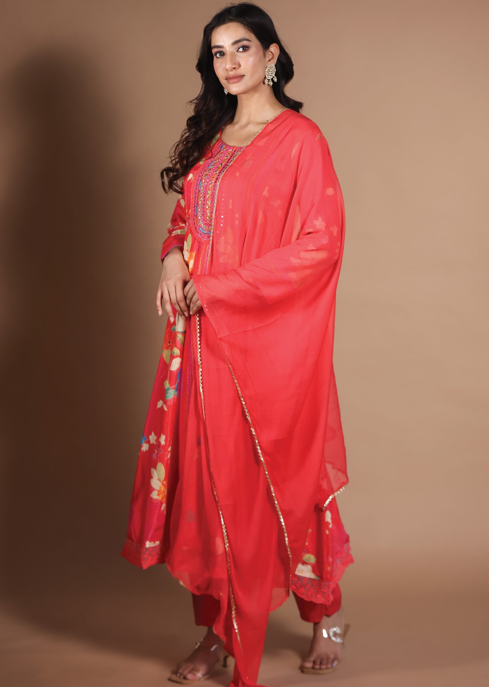 Coral Tissue Muslin Anarkali