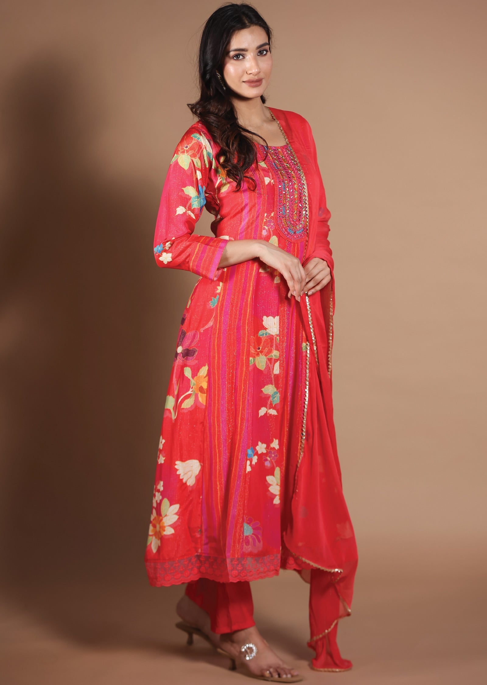 Coral Tissue Muslin Anarkali