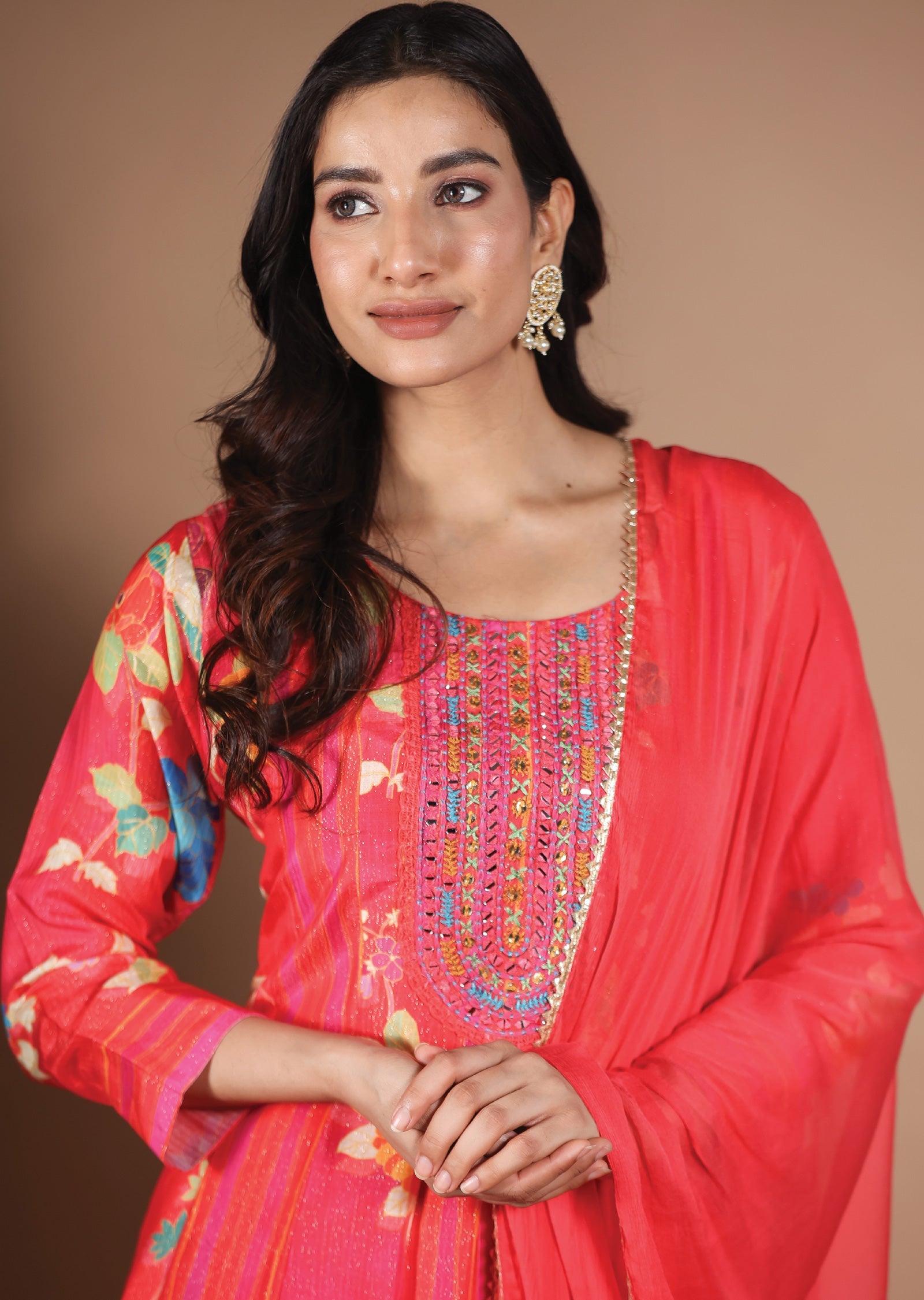 Coral Tissue Muslin Anarkali