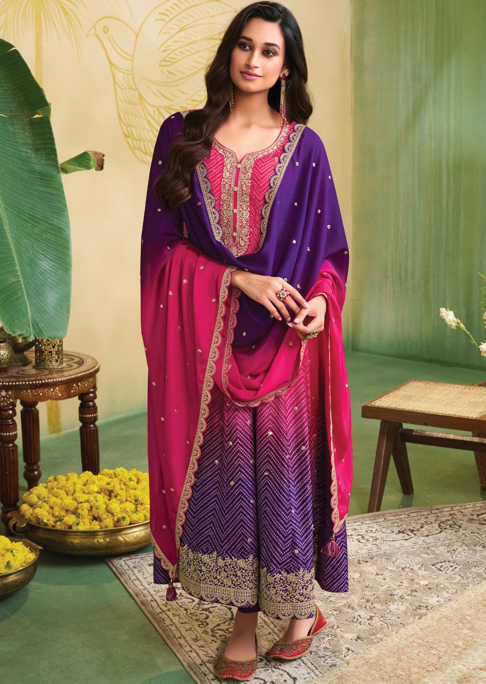 Rani Pink & Purple Dola Silk Anarkali