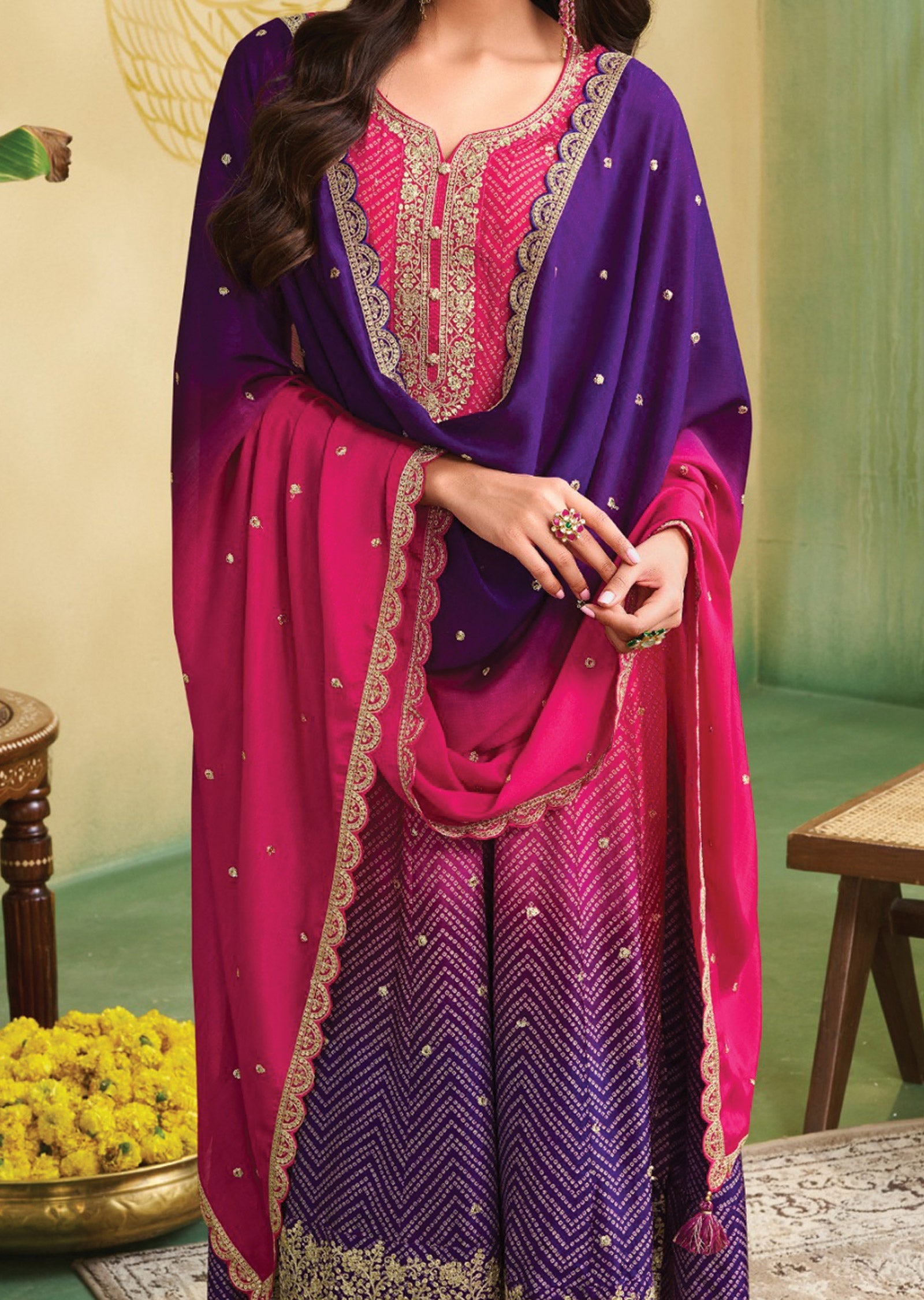 Rani Pink & Purple Dola Silk Anarkali