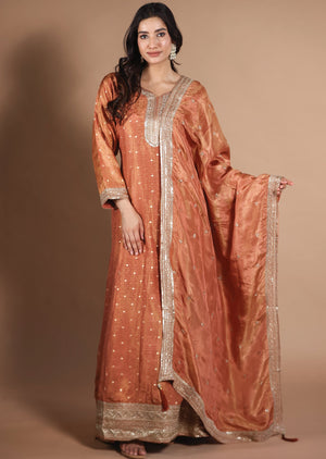 Rust Banarasi Tissue Anarkali