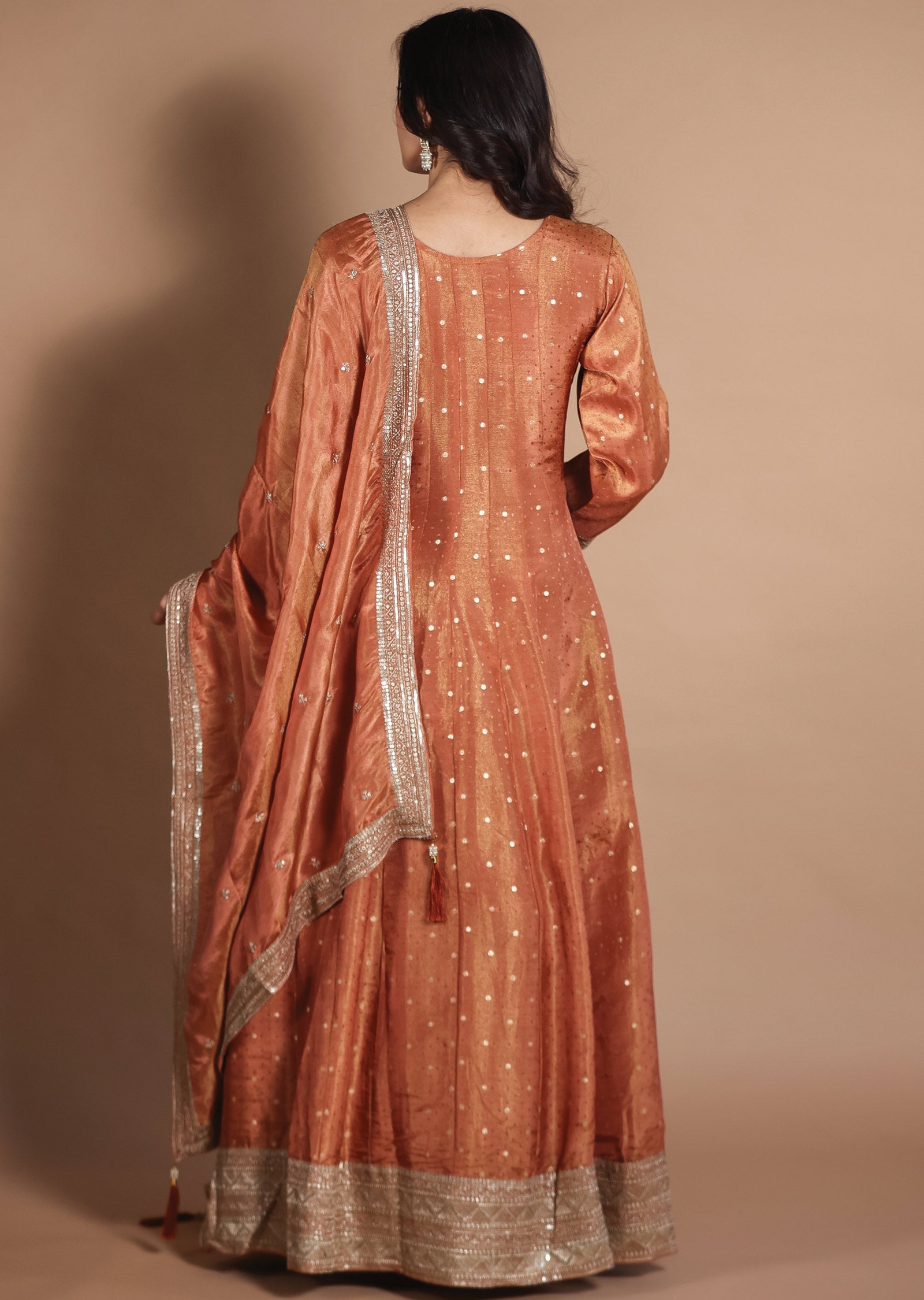 Rust Banarasi Tissue Anarkali