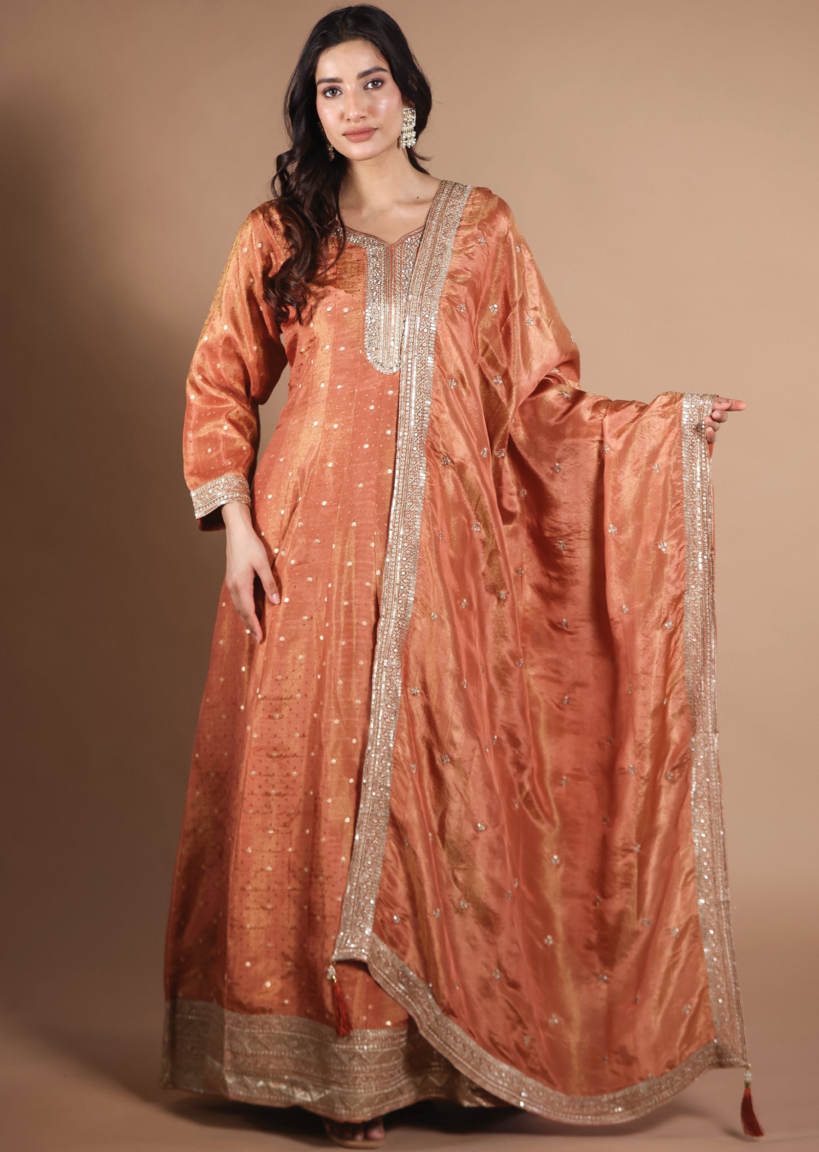 Rust Banarasi Tissue Anarkali