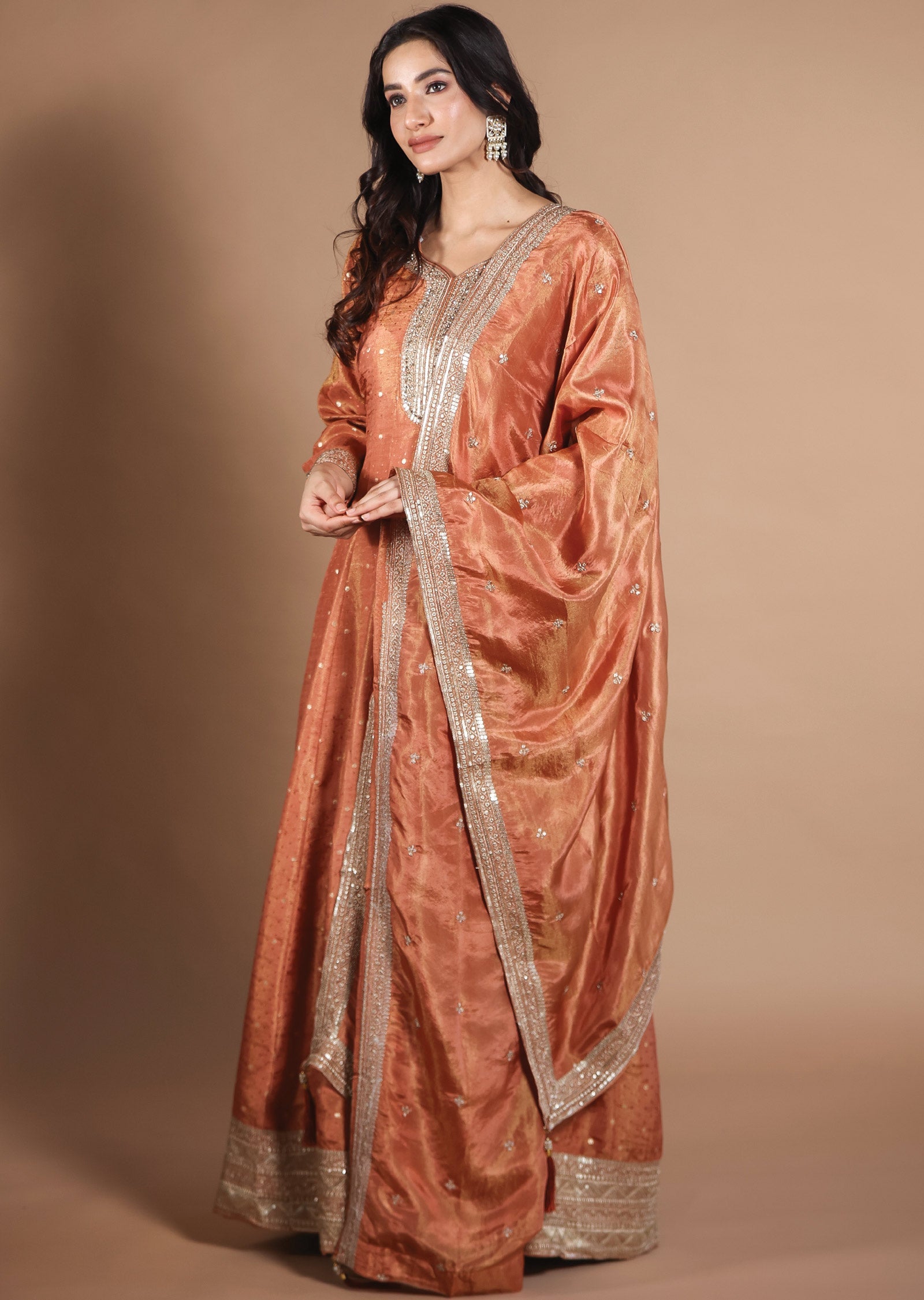 Rust Banarasi Tissue Anarkali