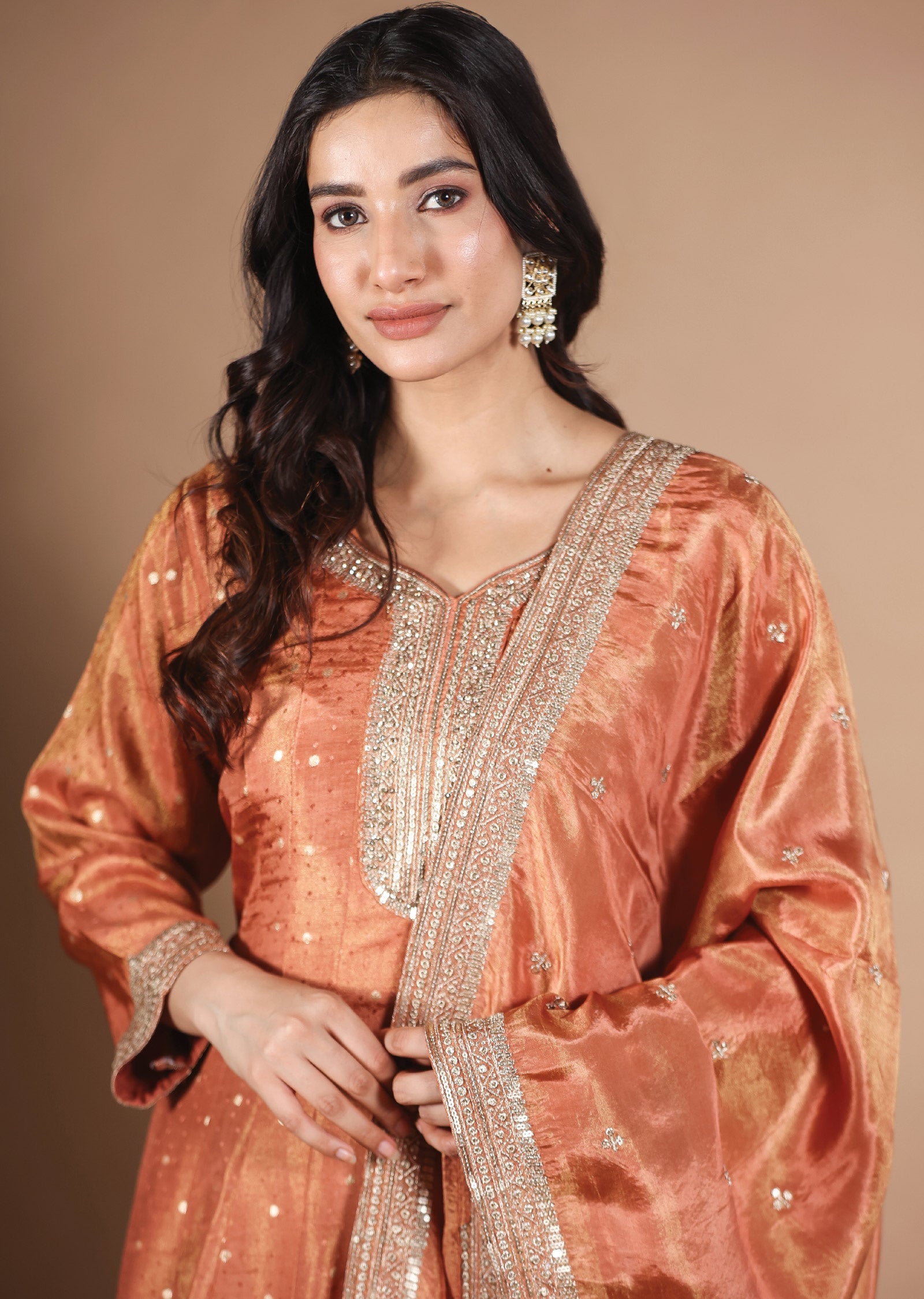 Rust Banarasi Tissue Anarkali