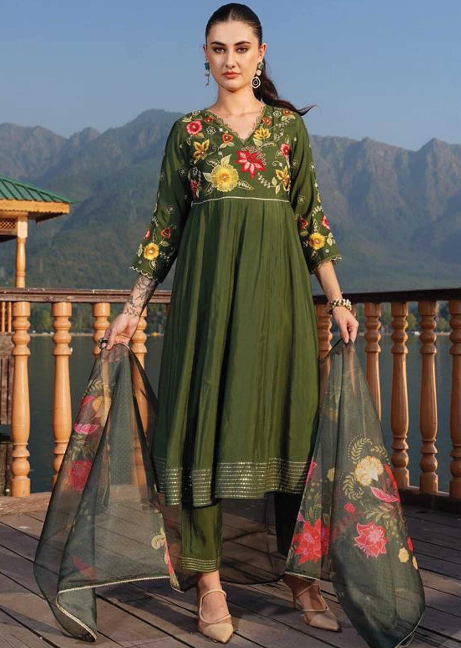 Olive Green Soft Silk Anarkali