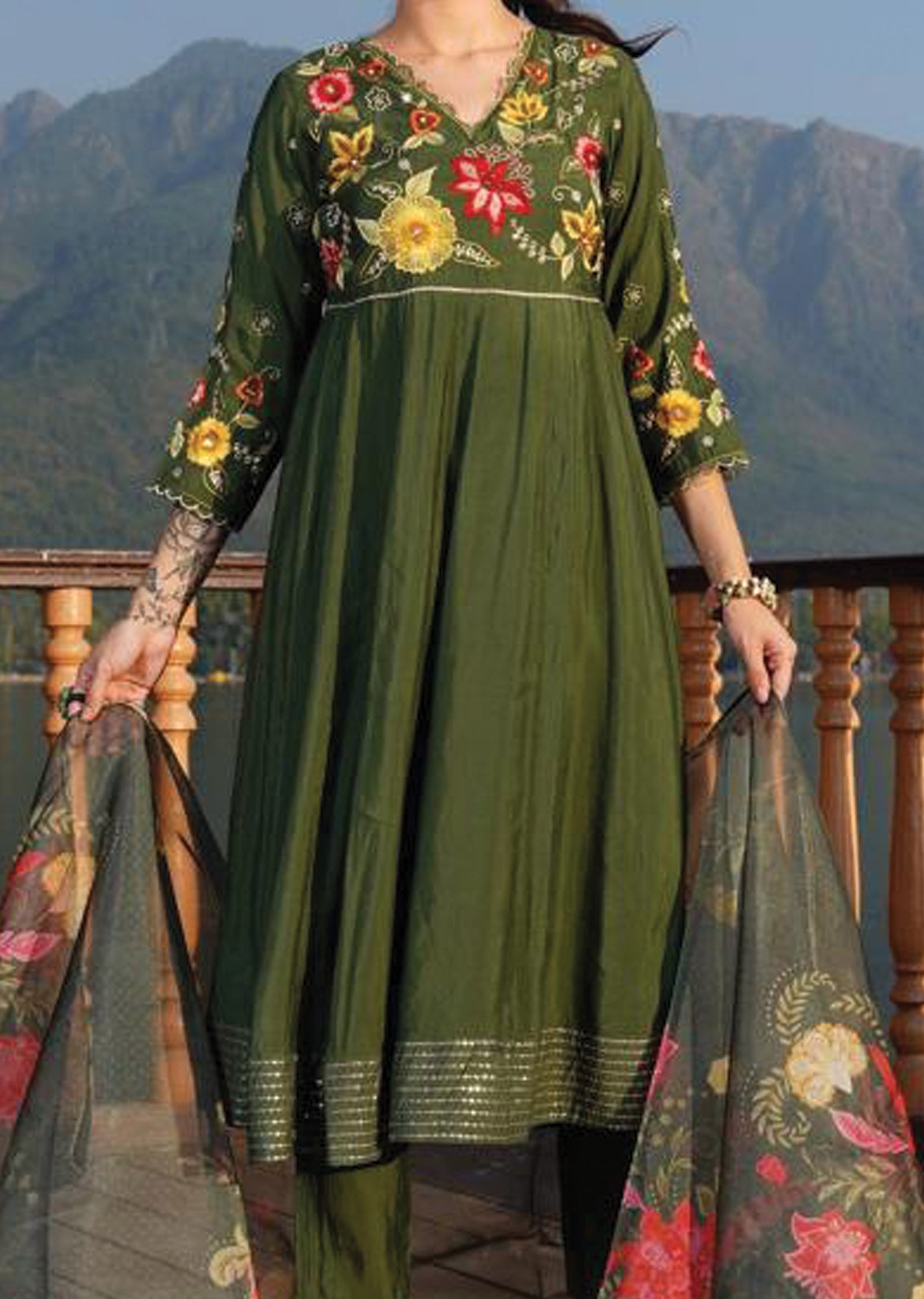 Olive Green Soft Silk Anarkali