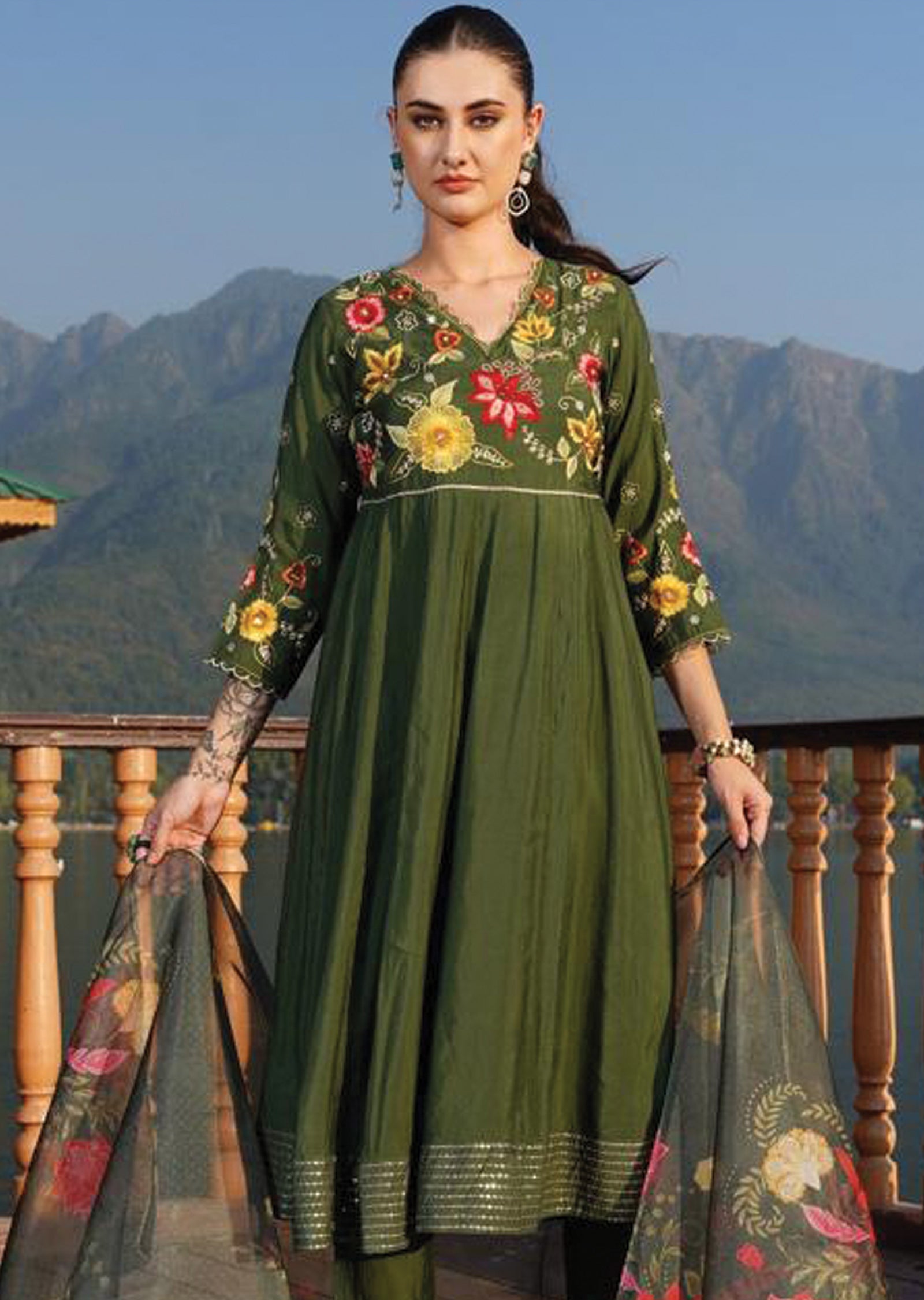 Olive Green Soft Silk Anarkali