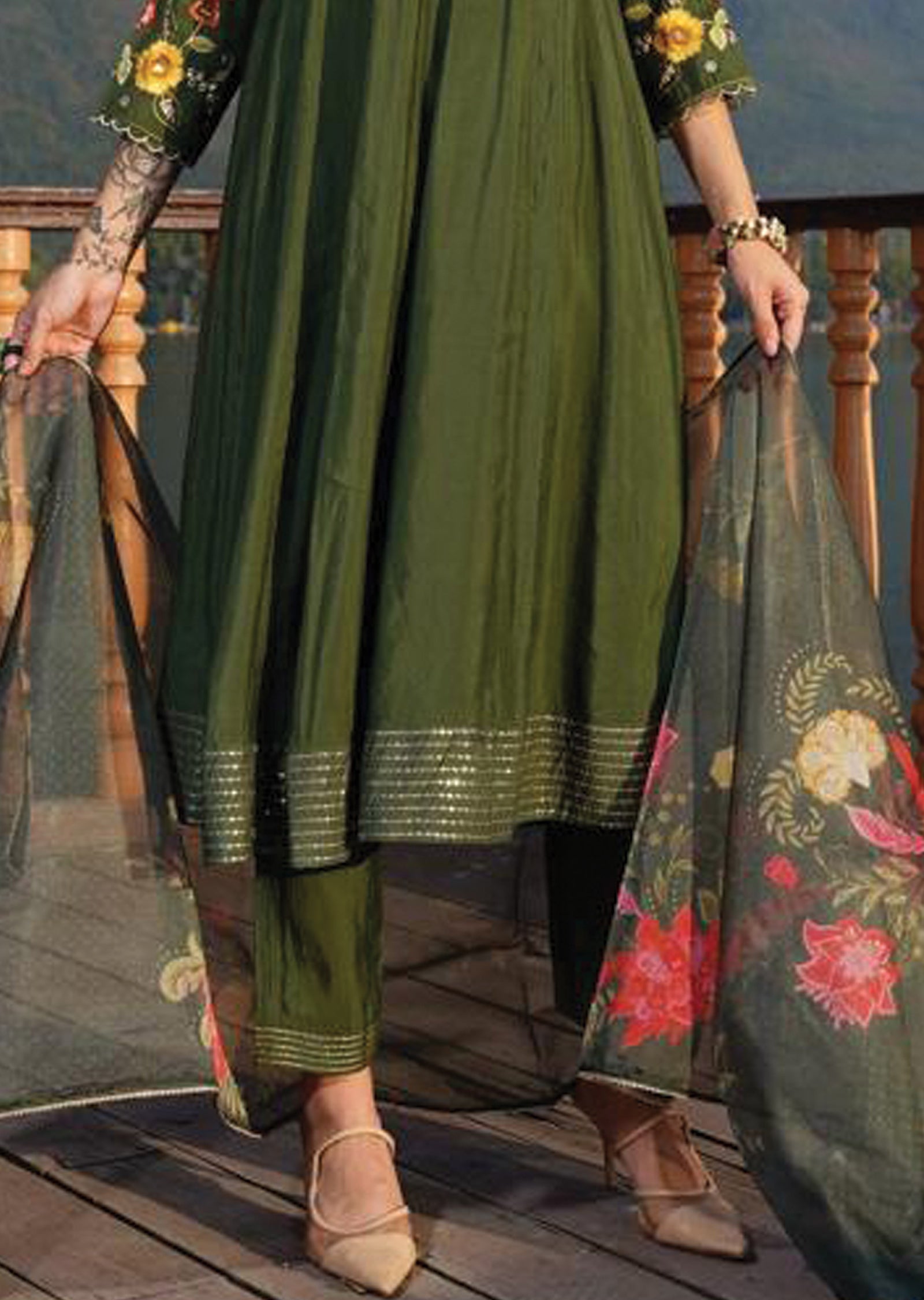 Olive Green Soft Silk Anarkali