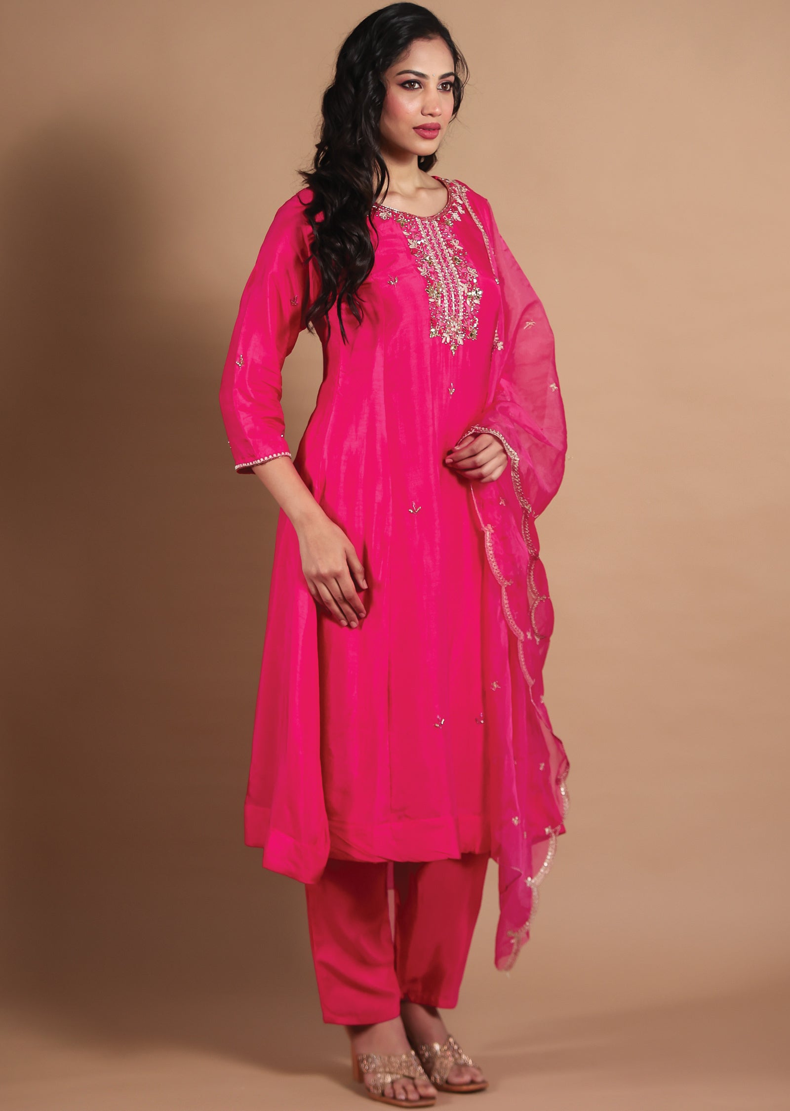 Rani Pink Silk Anarkali