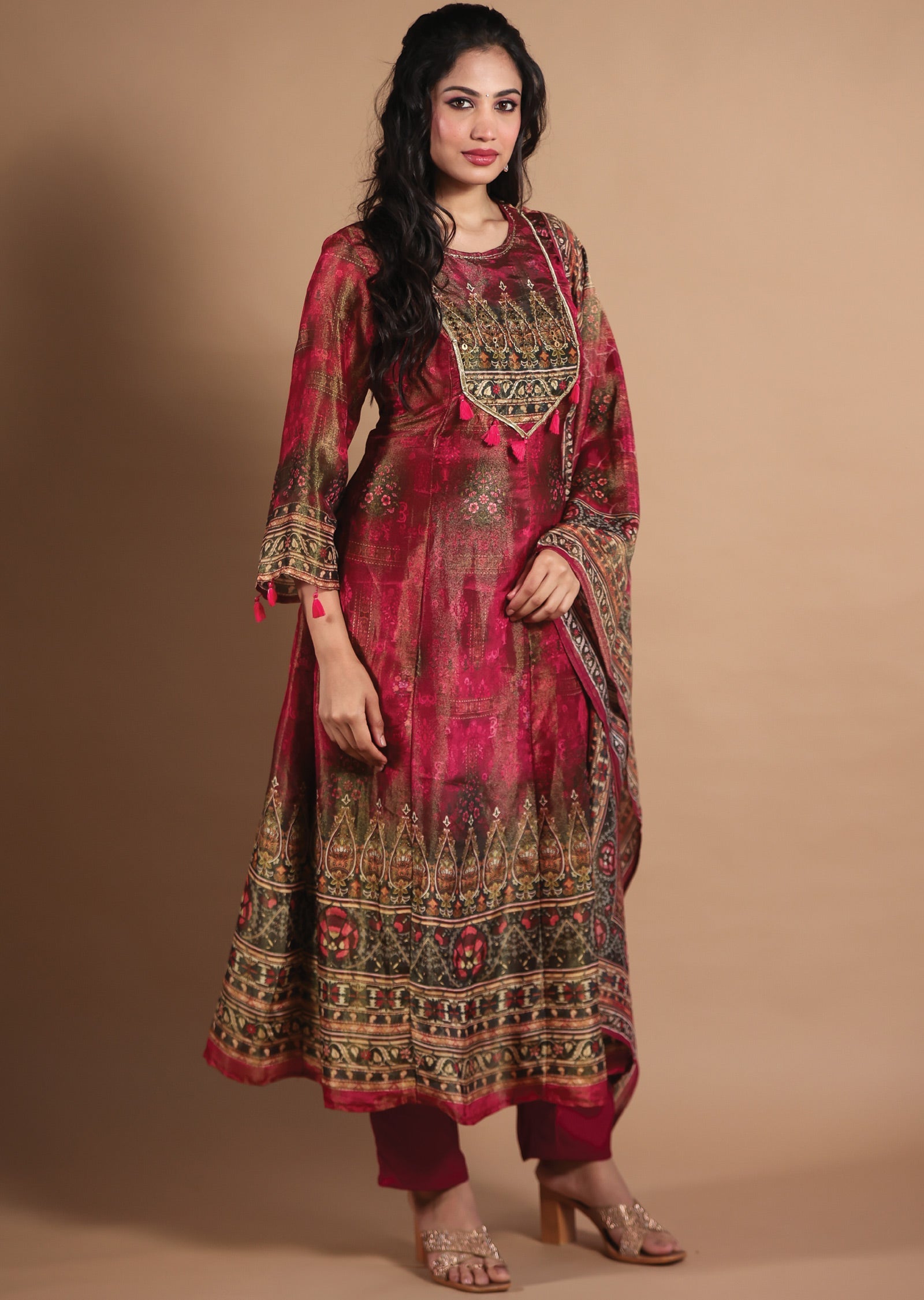 Magenta & Green Tissue Silk Anarkali