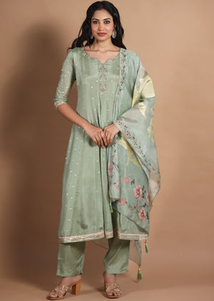 Dusty Green Banaras Chinnon Anarkali