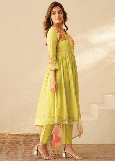 Parrot Green Cotton Anarkali