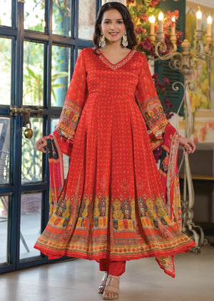 Red Chinnon Anarkali