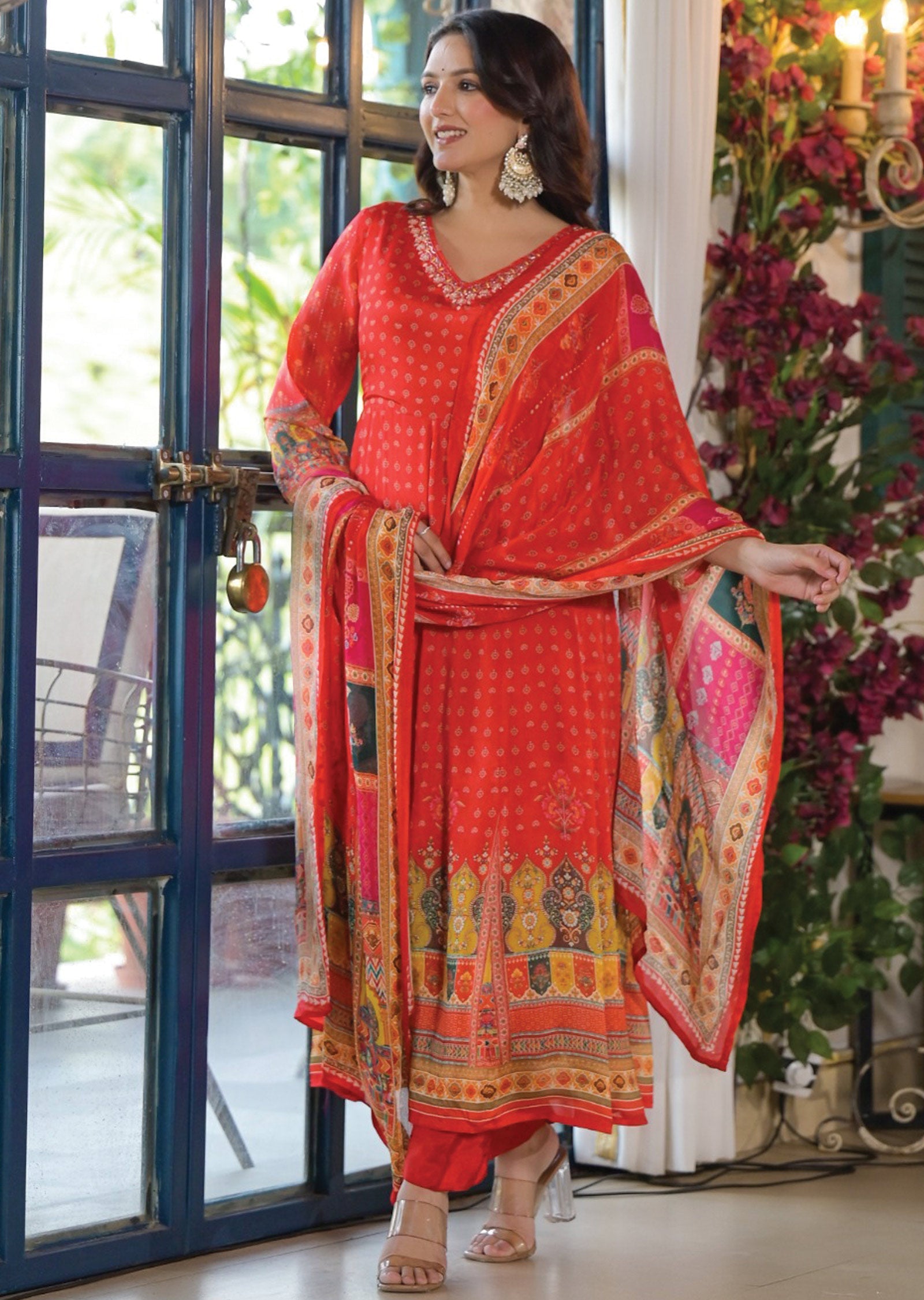 Red Chinnon Anarkali