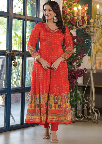 Red Chinnon Anarkali