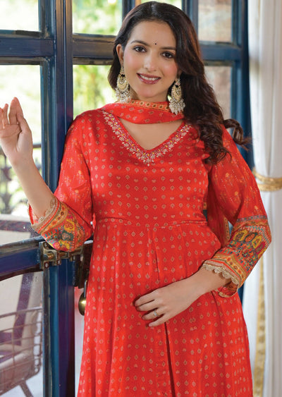 Red Chinnon Anarkali