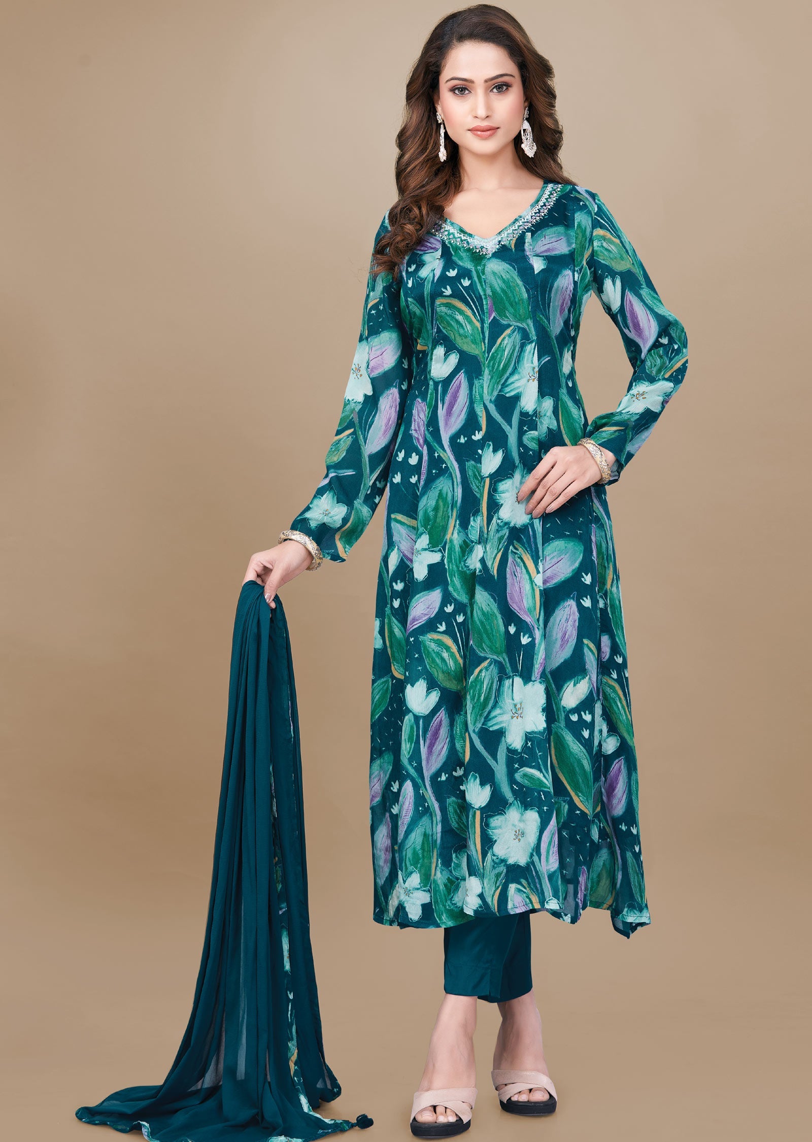 Rama Blue Chinnon Anarkali