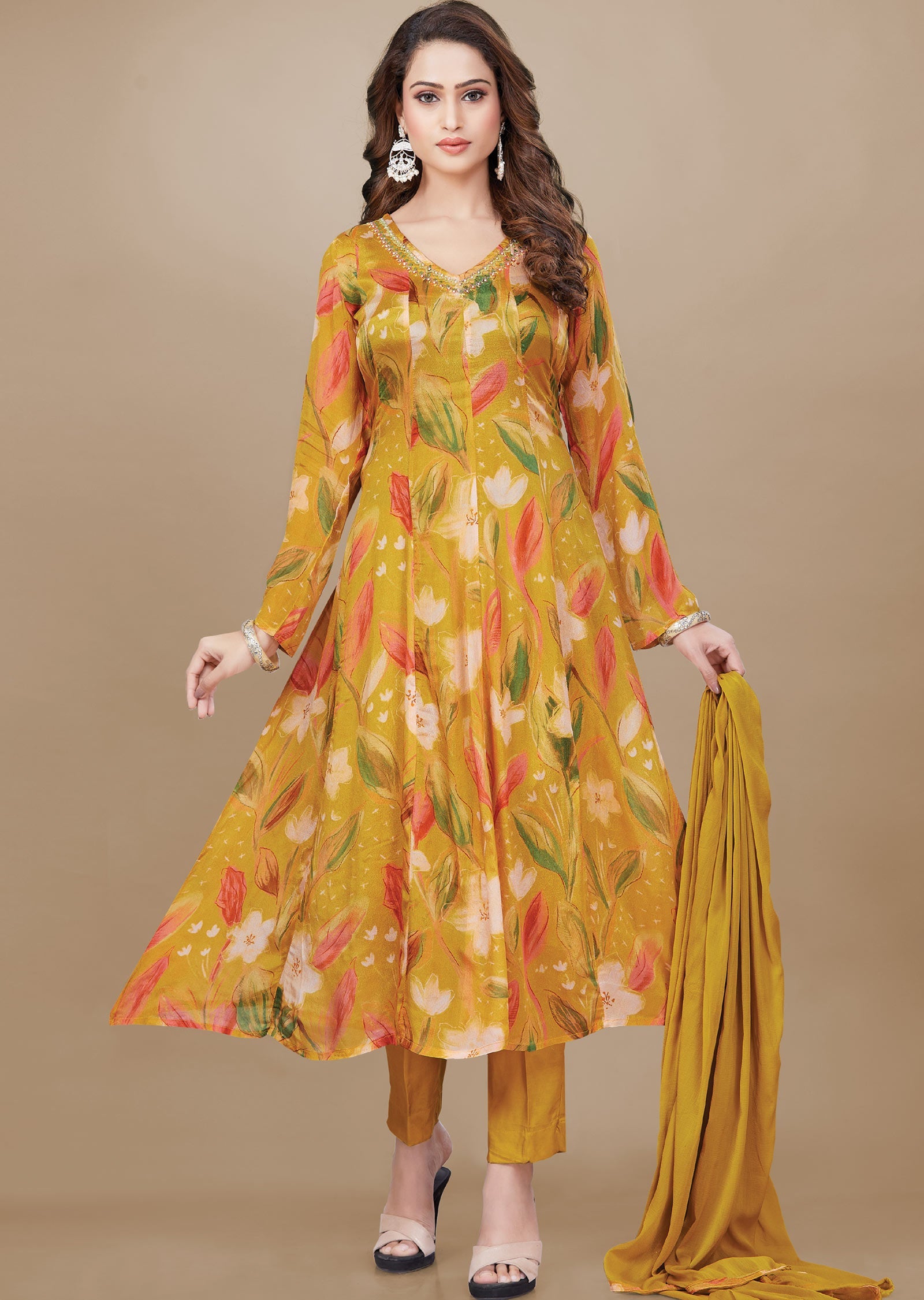 Yellow Chinnon Anarkali